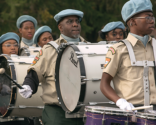 The Allegheny East Pathfinder drum corps plays during the North American Division headquarters grand opening.