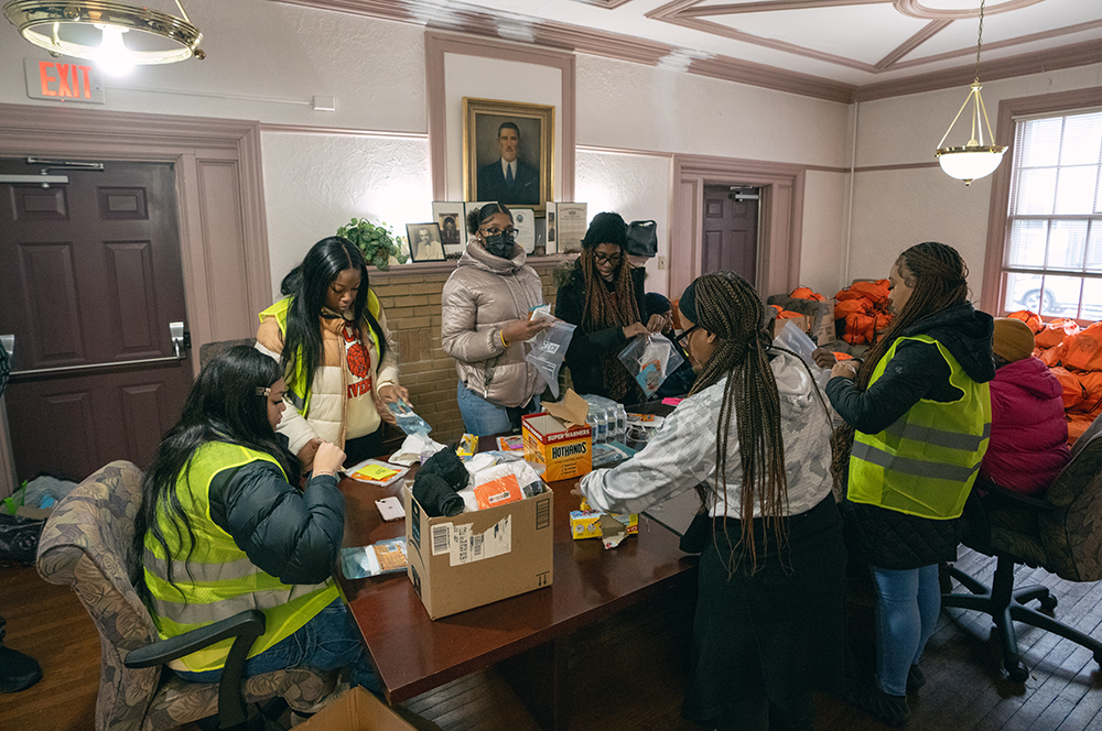 Volunteers pack care kits for veterans staying at the W.C. Atkinson center in Coatesville, Pennsylvania. 