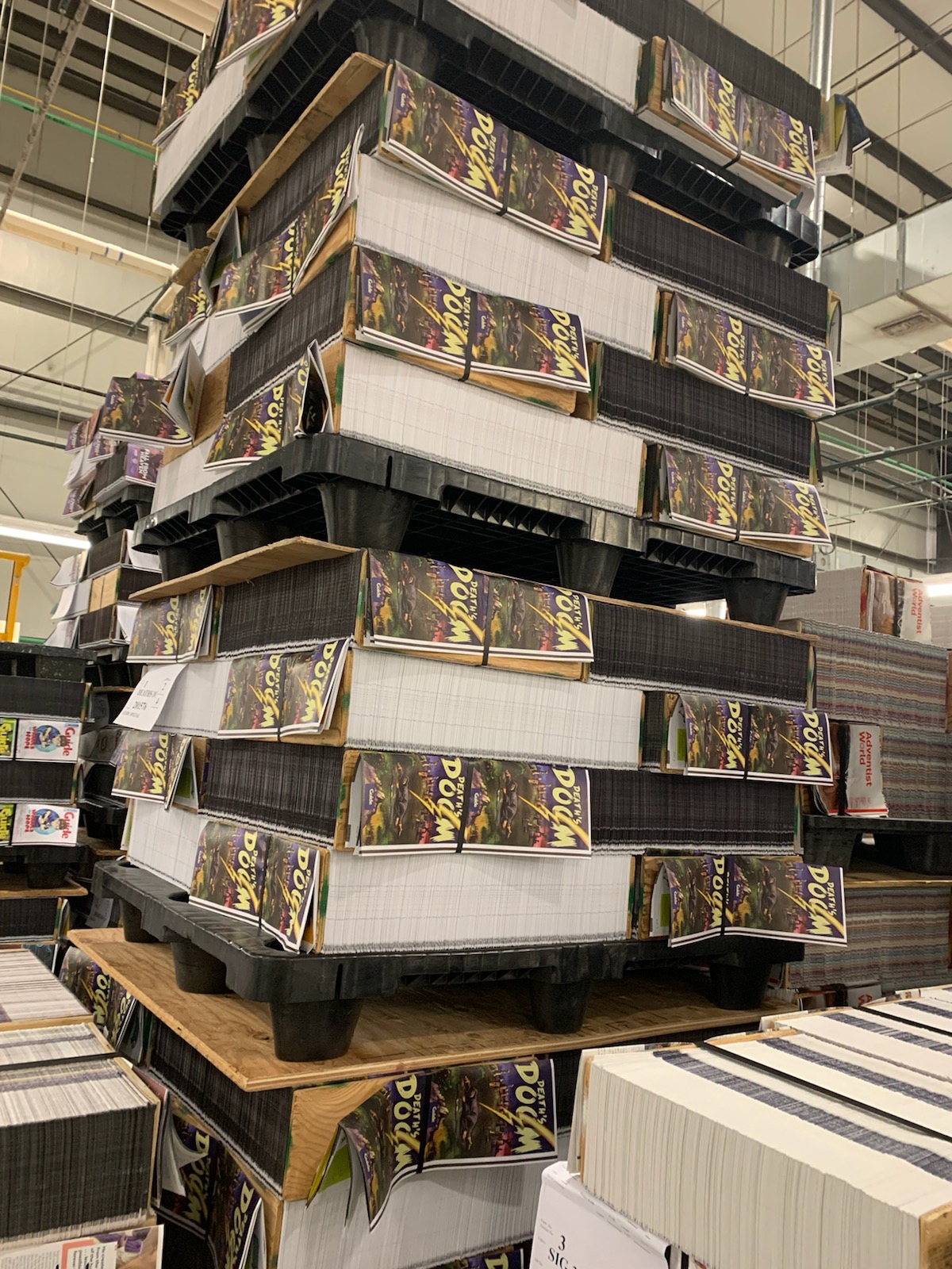 At the Pacific Press Publishing Association, pallets of Guide magazine's special issue "Death's Doom" are ready to ship. 