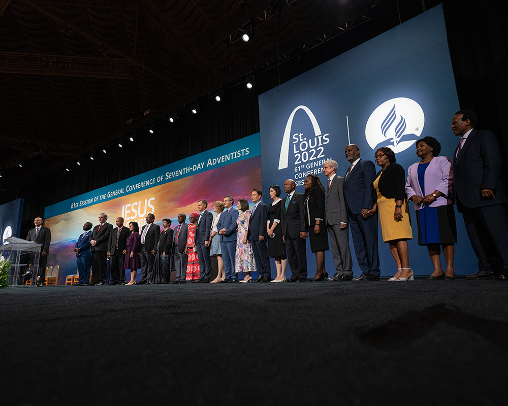 G. Alexander and Desiree Bryant share the stage with the other division presidents and spouses on June 8, 2022. 