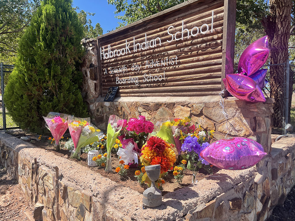 Holbrook school sign with flowers