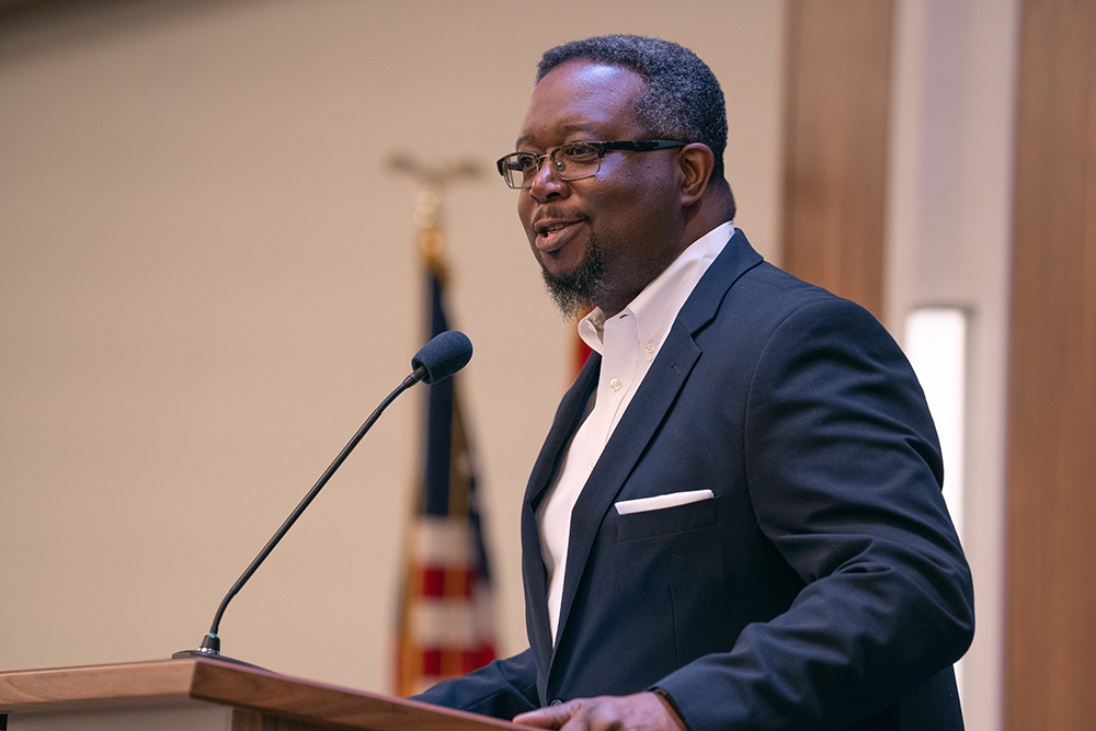 Orlan Johnson, director of Public Affairs and Religious Liberty for the NAD, addresses community members and church leaders from different faith traditions as they gather at the North American Division headquarters for the second annual Religious Freedom Prayer Breakfast.