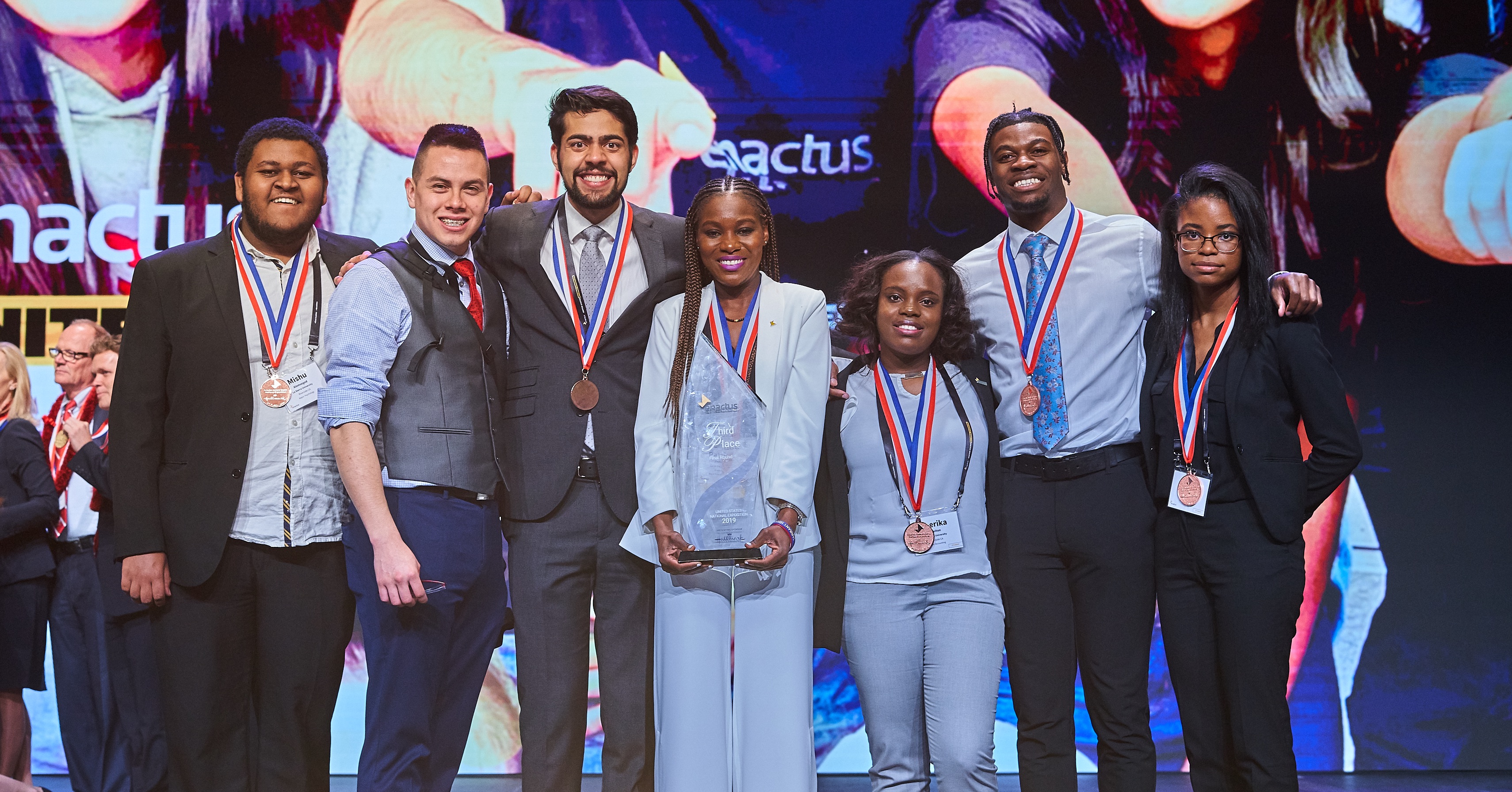 The eLibrary project team from La Sierra University Enactus: Left to right, Mesaley Alemseged, Samuel Carvajal, Jonathan Thomas, Patrina Jamieson, Sherika Moulton, Ebubechi Idika, Jodi Wilson.