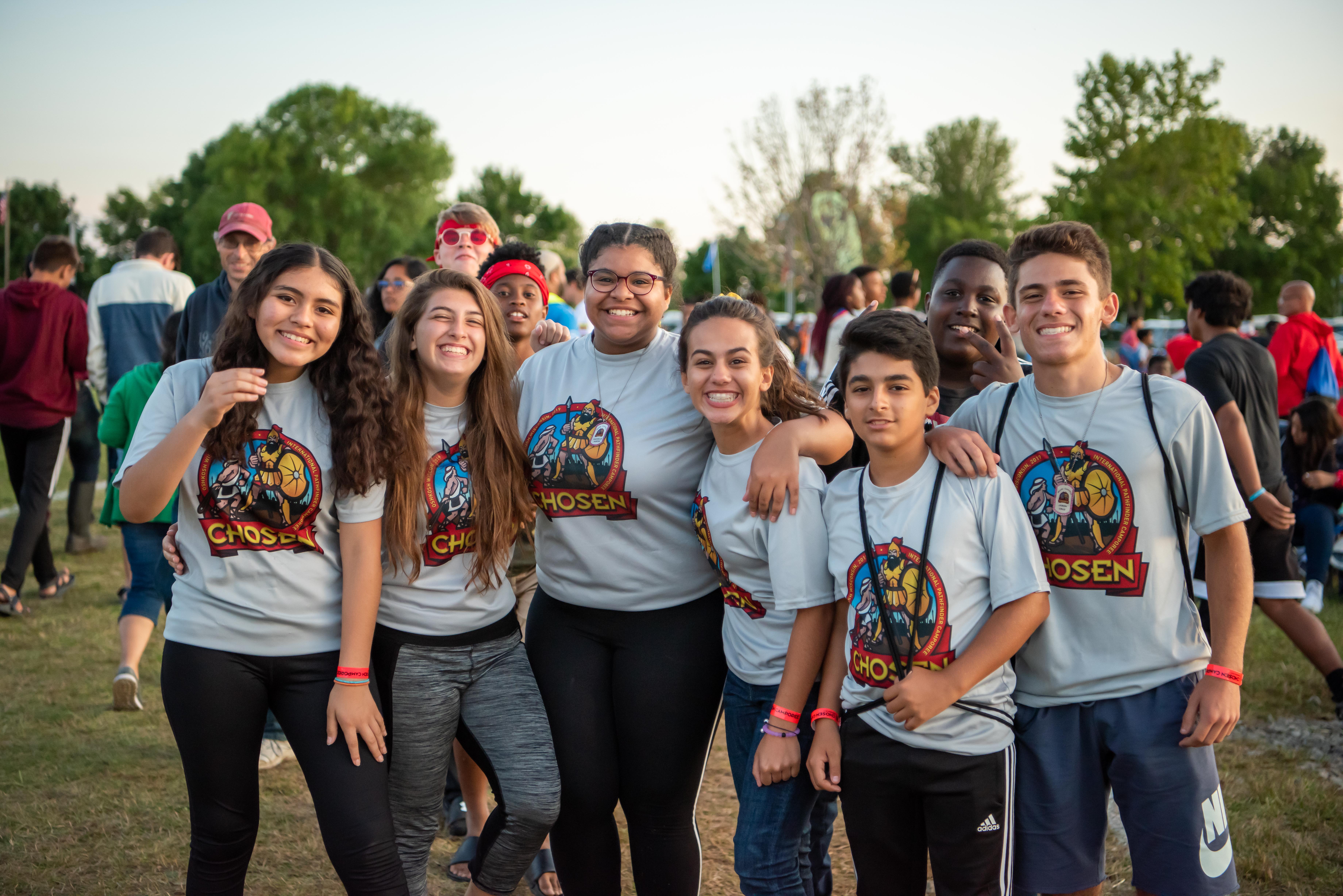 A group of Pathfinders pose for a photo between activities at the 2019 Chosen International Camporee. Photo by Sonja Hults