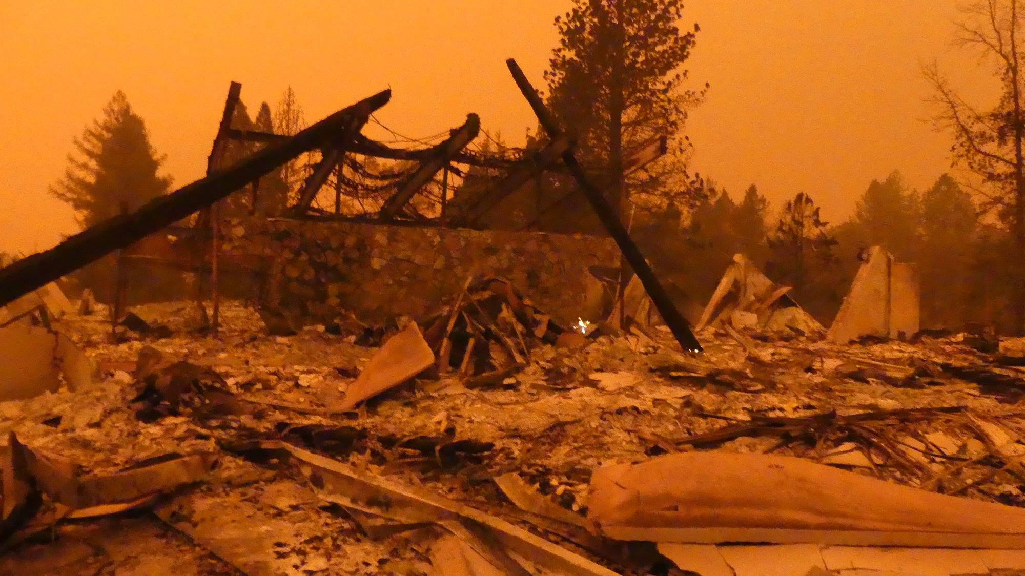 The Camp Fire in California leaves the Paradise Seventh-day Adventist Church in smoldering ruins after it burned through the facility on Nov. 8, 2018. Photo by Nancy Hamilton/Golden Eagle Films