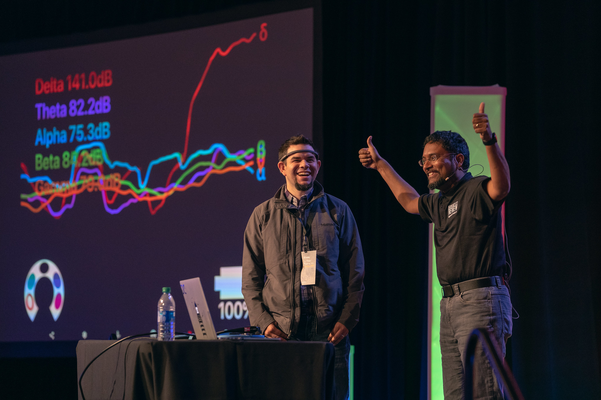 Daryl Gungadoo, keynote speaker, shows the audience how he is able to measure brain waves.