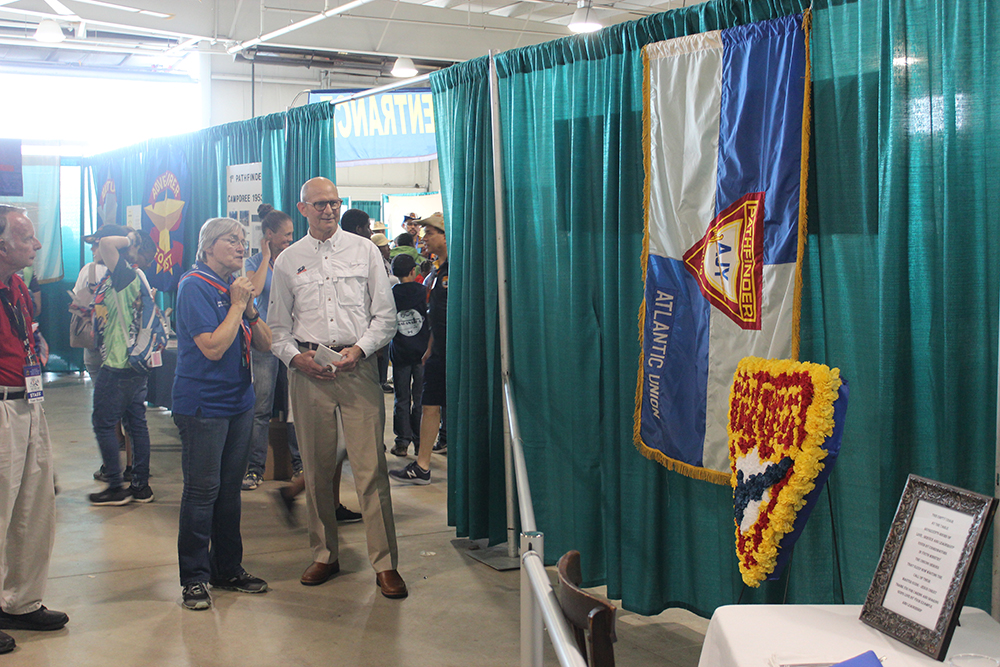 General Conference President Ted N. C. Wilson in the hangar at the 2019 Oshkosh Camporee. Photo by V. Michelle Bernard